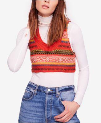 Free People Fields of Fair-Isle Cropped Sw Red Combo XS - 