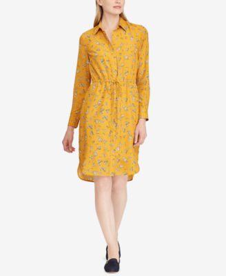 RALPH LAUREN Womens Gold Pocketed Cuffed Collared Knee Length Shirt Dress Dress