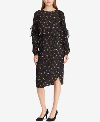 RALPH LAUREN Womens Black Ruffled Floral Long Sleeve Jewel Neck Dress