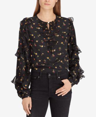 Lauren Ralph Lauren Black Ruffled Long-Sleeve Floral Blouse S