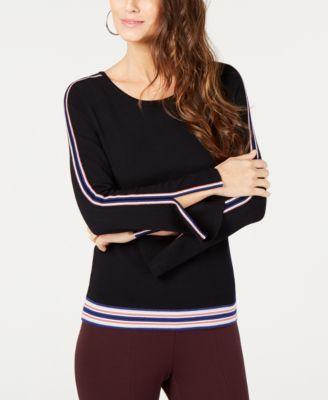 Alfani Petite Varsity-Striped Sweater Deep Black PS - 
