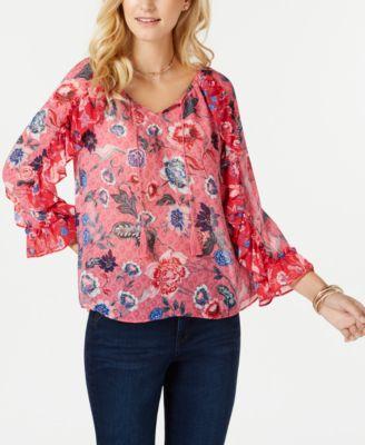 Style Co Petite Ruffled-Sleeve Top Bali Blossoms PL - 