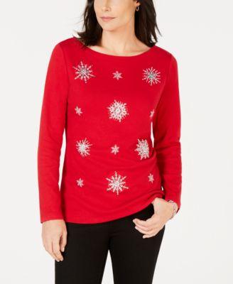 Karen Scott Petite Embellished Snowflake T New Red Amore PL - 