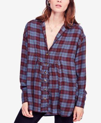 Free People All About the Feel Cotton Plaid Shirt - Purple S - 