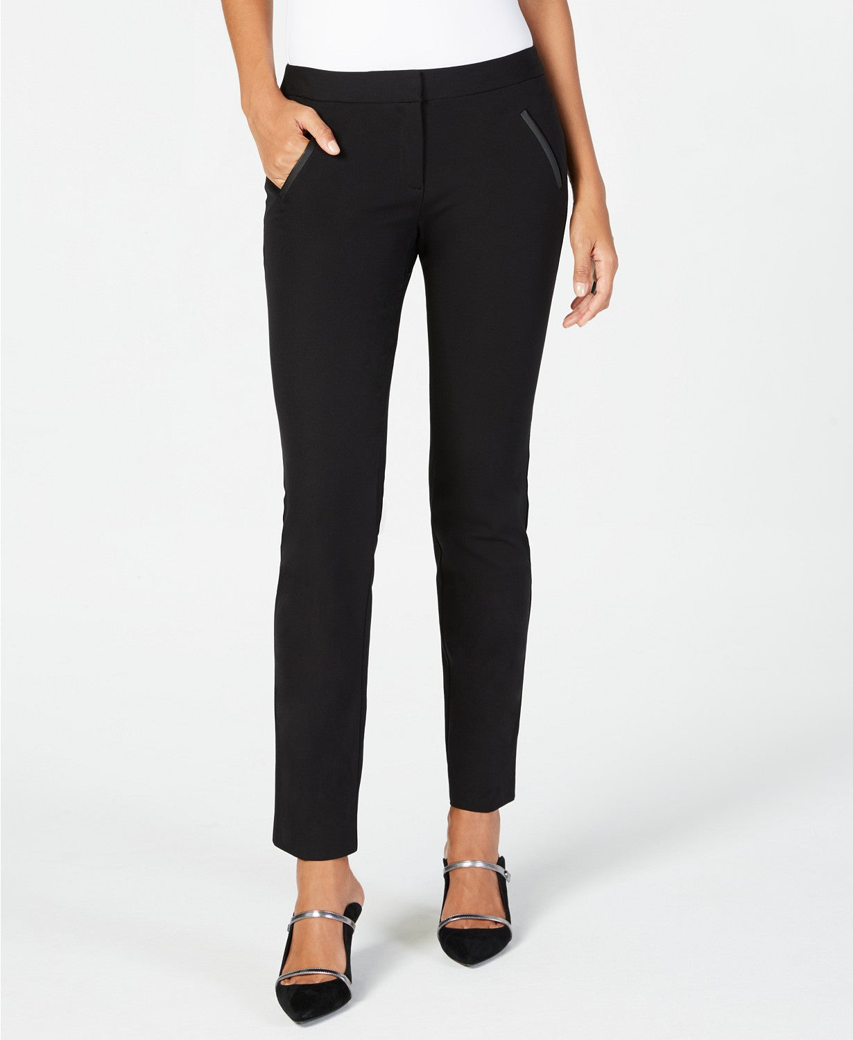 Alfani Faux-Leather-Trim Slim-Leg Pants