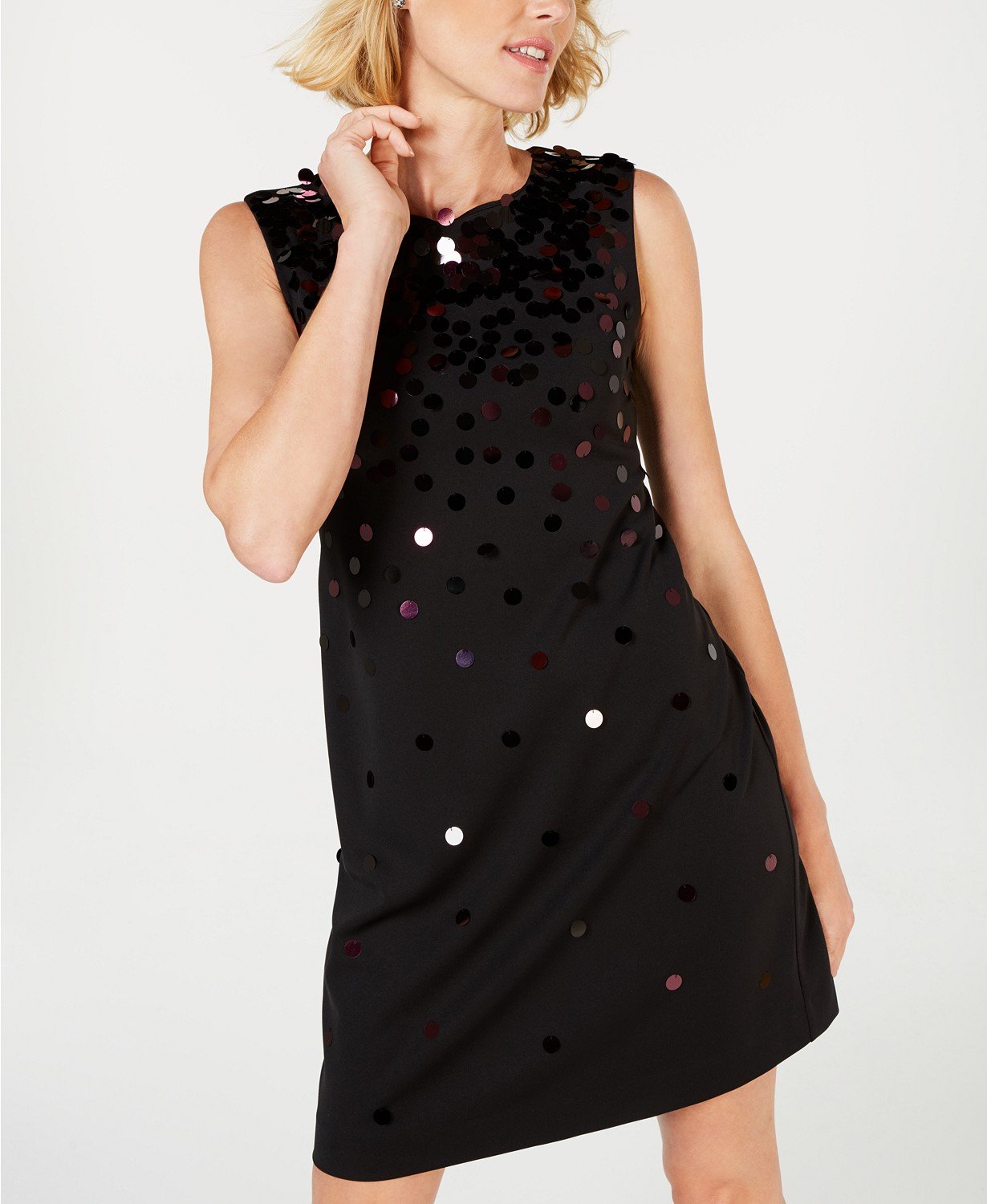 ALFANI Womens Black Sequin Paillete Sleeveless Jewel Neck Above the Knee Shift - TopLine Fashion Lounge