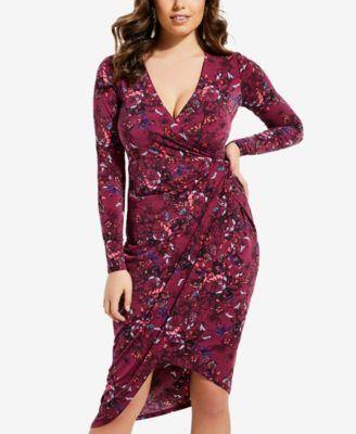 GUESS Kellie Floral-Print Wrap Dress Hyper Bloom Print Pinot Noir XS - 