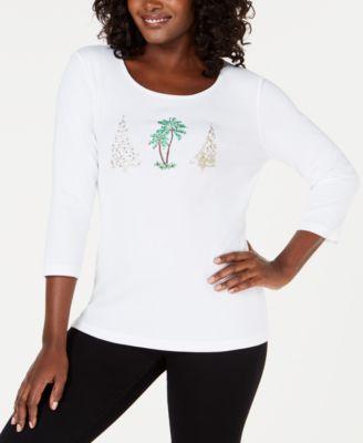 Karen Scott Petite Studded Holiday-Graphic Bright White PS - 