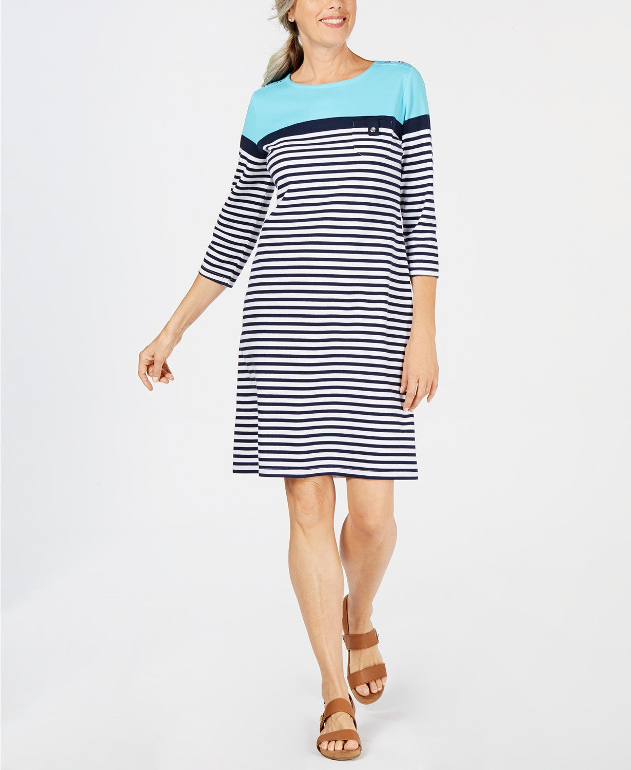 Karen Scott Petite Striped Boat-Neck Dress