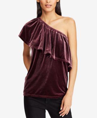 RALPH LAUREN Womens Burgundy One Shoulder Velvet Asymmetrical Neckline Top - TopLine Fashion Lounge