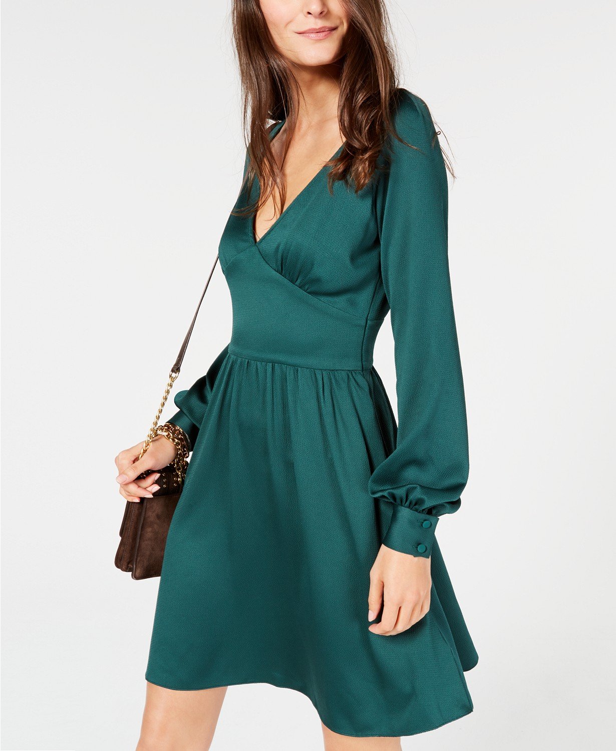 MICHAEL KORS Womens Green Raglan V Neck Above The Knee Fit + Flare Party Dress - TopLine Fashion Lounge