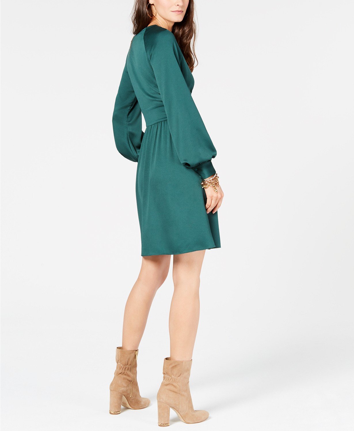 MICHAEL KORS Womens Green Raglan V Neck Above The Knee Fit + Flare Party Dress - TopLine Fashion Lounge