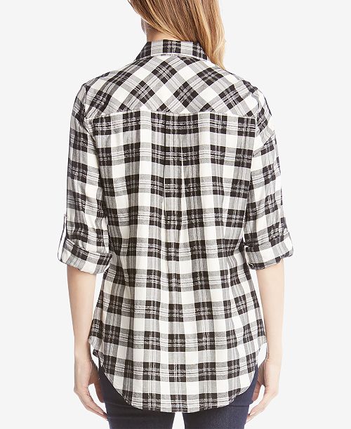 Karen Kane Plaid Roll-Tab Collared Shirt