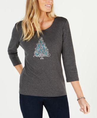 Karen Scott Petite Sparkle Tree Cotton Top Charcoal Heather PL - 