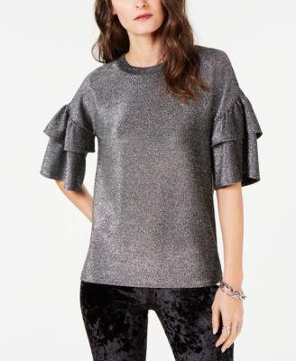 MICHAEL KORS Womens Silver Metallic Tiered Ruffle Sleeve Short Sleeve Crew Neck - TopLine Fashion Lounge