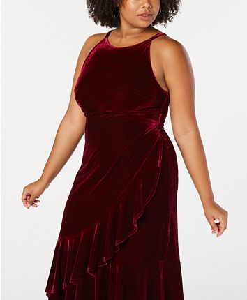 Soprano Trendy Plus Size Velvet Ruffled Midi Dress