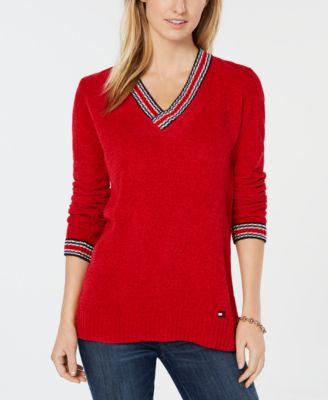 Tommy Hilfiger Womens Striped Ribbed Trim V-Neck Sweater - TopLine Fashion Lounge