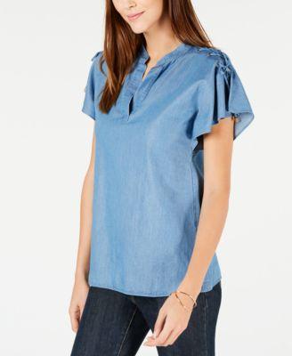 Michael Michael Kors Lace-Up Flutter-Sleeve Chambray Top - TopLine Fashion Lounge