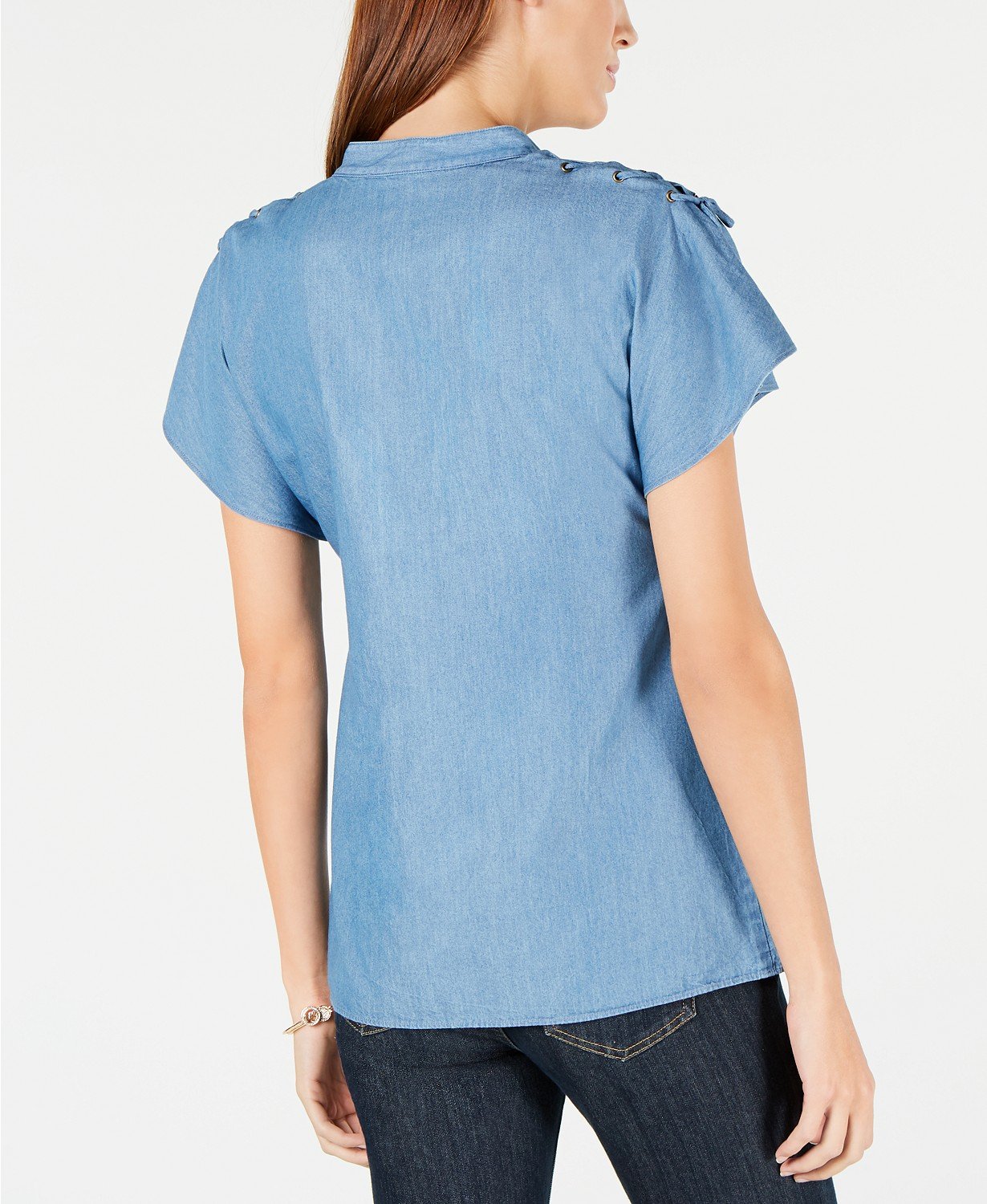 Michael Michael Kors Lace-Up Flutter-Sleeve Chambray Top - TopLine Fashion Lounge