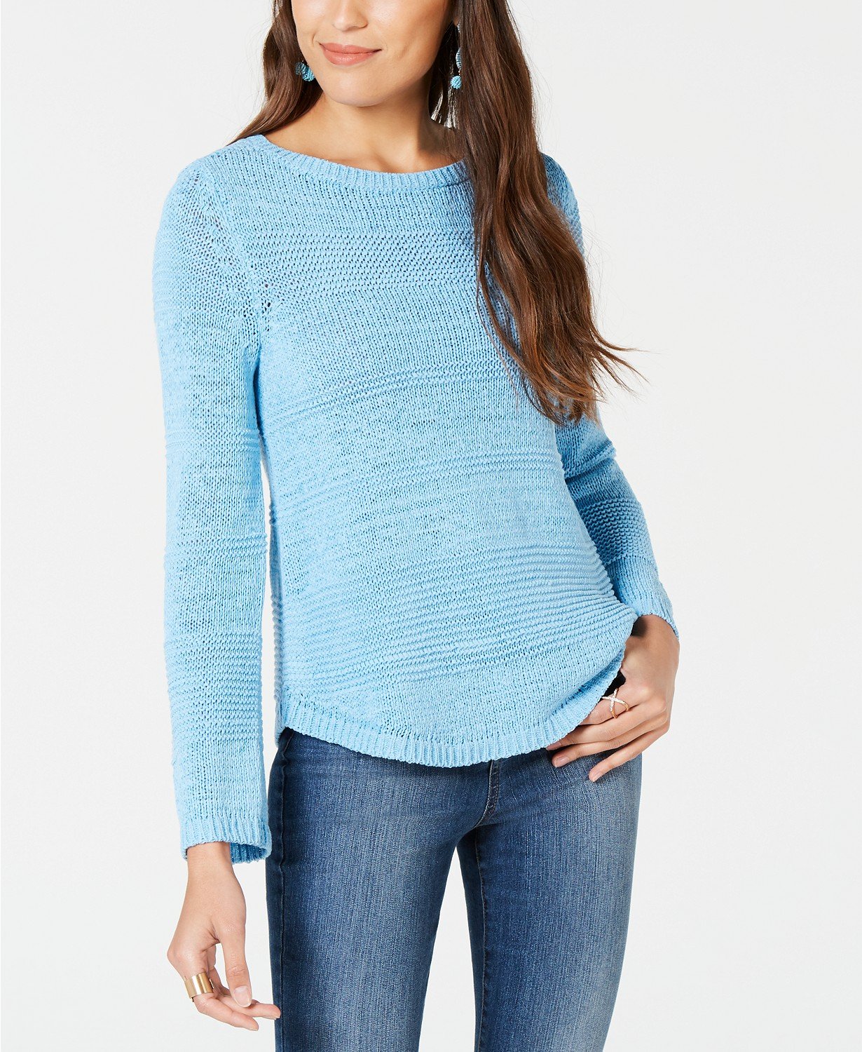 Style Co Mixed-Stitch Crew-Neck Sweater Ocean Tide S