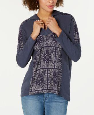 Style Co Petite Cotton Printed Hoodie T Denim Blue PXS - 