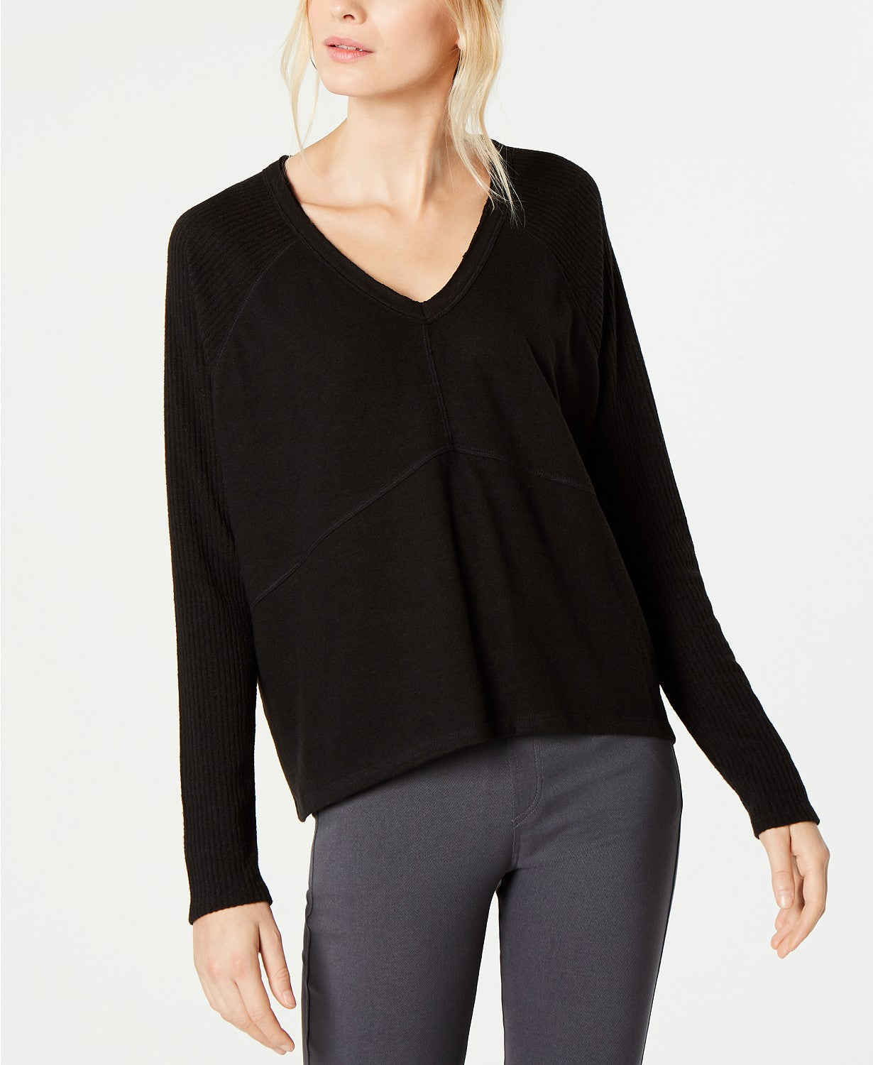I.N.C. Ribbed-Sleeve Knit Top