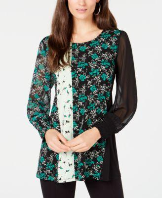 Alfani Mixed-Print Knit Smocked-Cuff Tunic - TopLine Fashion Lounge