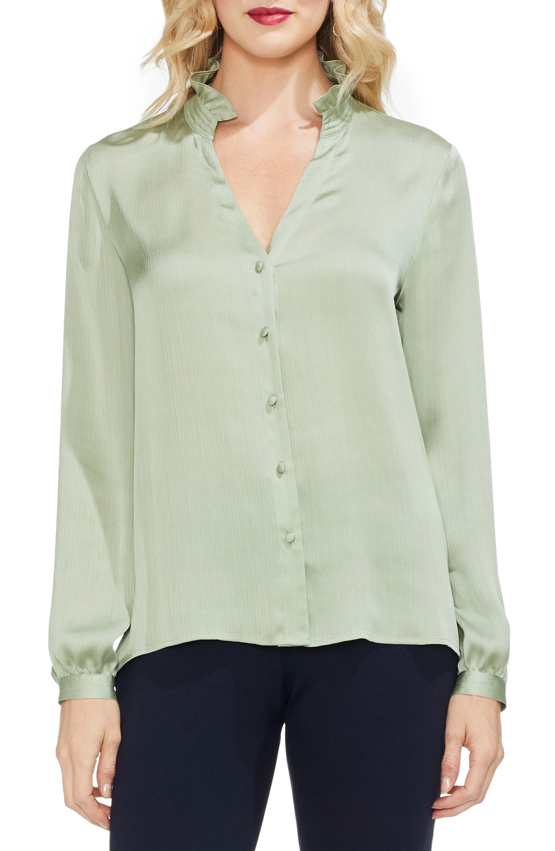 Vince Camuto Ruffle-Collar Blouse Womens Ruched Mock Neck Button-Down Top - TopLine Fashion Lounge