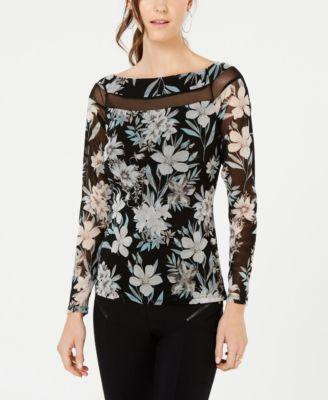 INC Womens Black Illusion Detail Floral Long Sleeve Boat Neck Top - TopLine Fashion Lounge