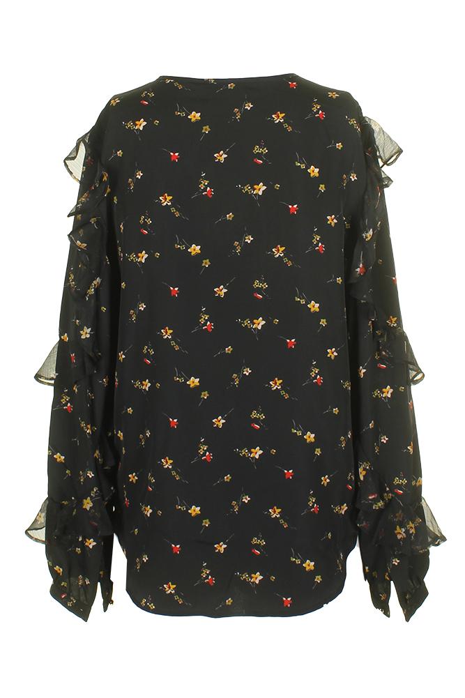 Lauren Ralph Lauren Black Ruffled Long-Sleeve Floral Blouse S