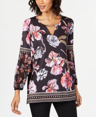 JM Collection Floral-Print Keyhole Tunic Linework Lay XL - 