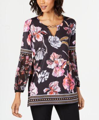 JM Collection Floral-Print Keyhole Tunic Linework Lay XXL - 