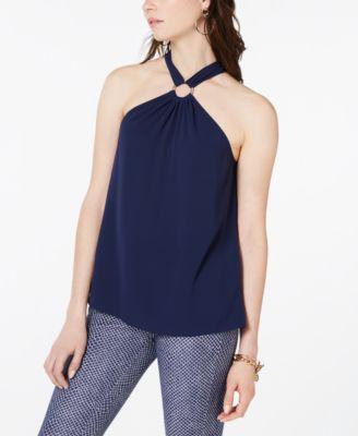 MICHAEL KORS Womens Navy Embellished Sleeveless Halter Top - TopLine Fashion Lounge