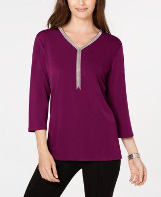 JM Collection Petite Embellished-Neck Top Pickled Beet PL - 