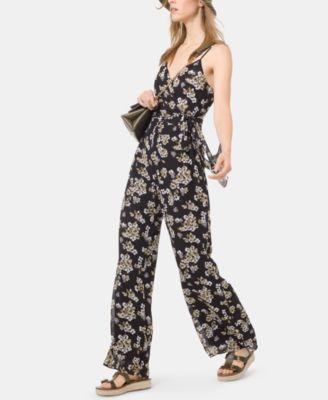 MICHAEL KORS Womens Black Floral Georgette Spaghetti Strap V Neck Wrap Wide Leg - TopLine Fashion Lounge