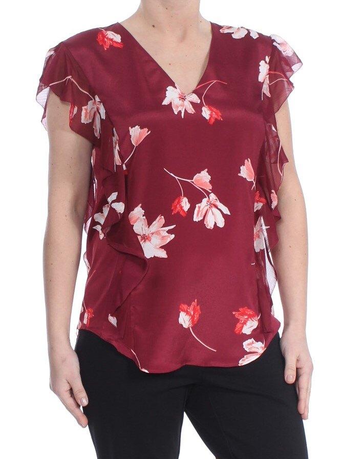 RALPH LAUREN Womens Maroon Ruffled Crepe Multi Floral Print Short Sleeve V Neck Top