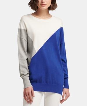DKNY Womens Sweater Cobalt Ivory Knitted Colorblocked XL - TopLine Fashion Lounge