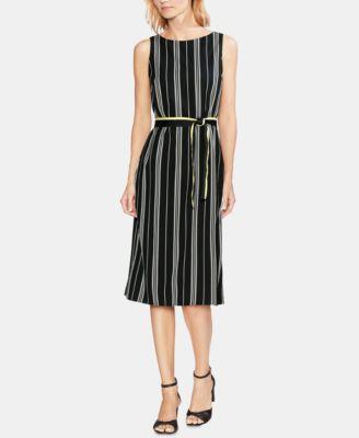 Vince Camuto Sleeveless Black Stripe Dress W/ Contrast Ribbon Belt (Rich Black) Women's Dress - TopLine Fashion Lounge