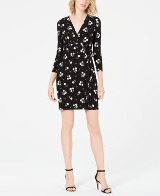 Anne Klein Long Sleeve Tussy Mussy Print Classic Wrap Dress XS, Black/White - TopLine Fashion Lounge