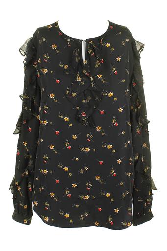 Lauren Ralph Lauren Black Ruffled Long-Sleeve Floral Blouse S