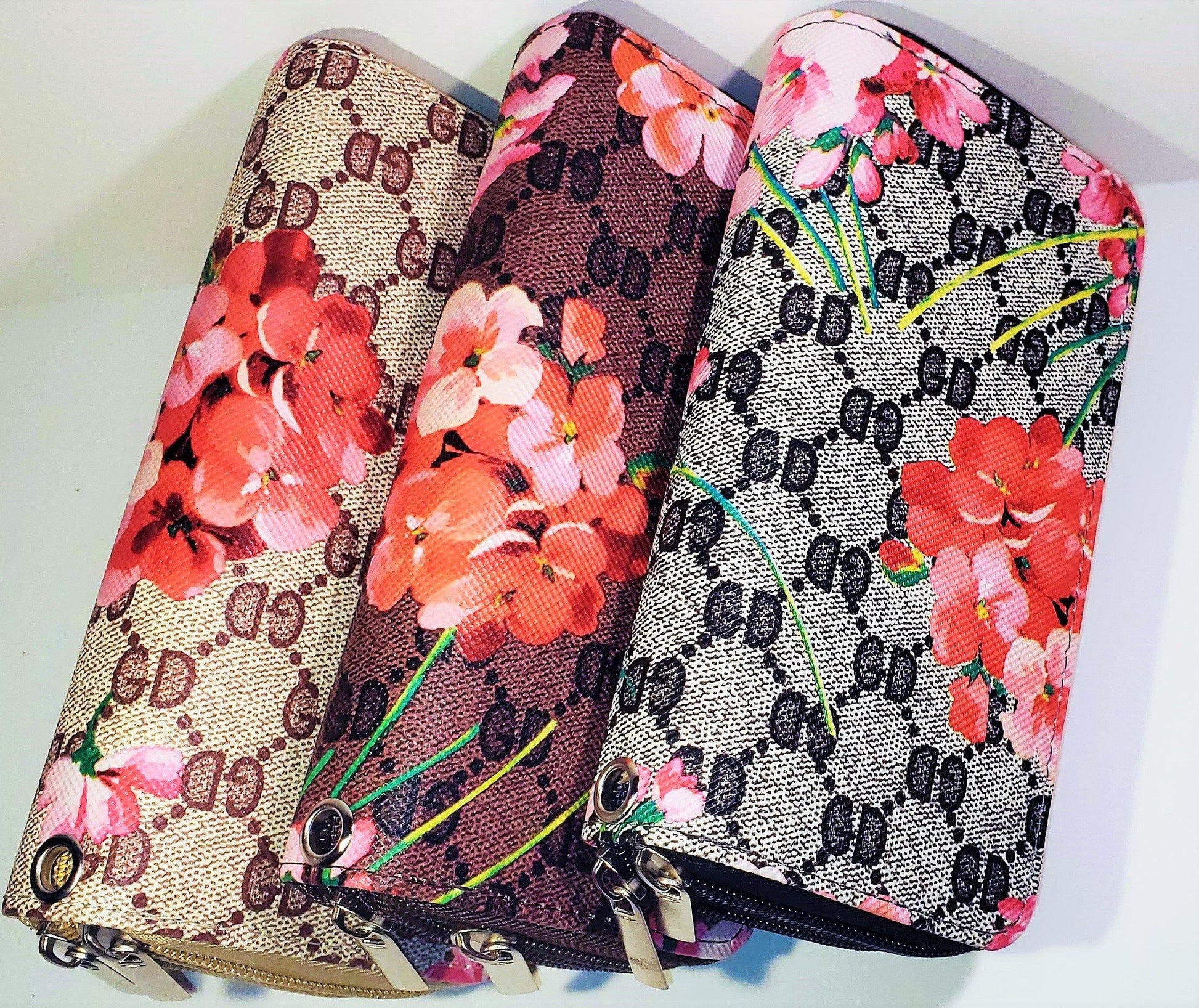 Women Flowral Wallet Phone Card holder  Clutch Purse Holder Double Zip Wrist Band Handbag - TopLine Fashion Lounge