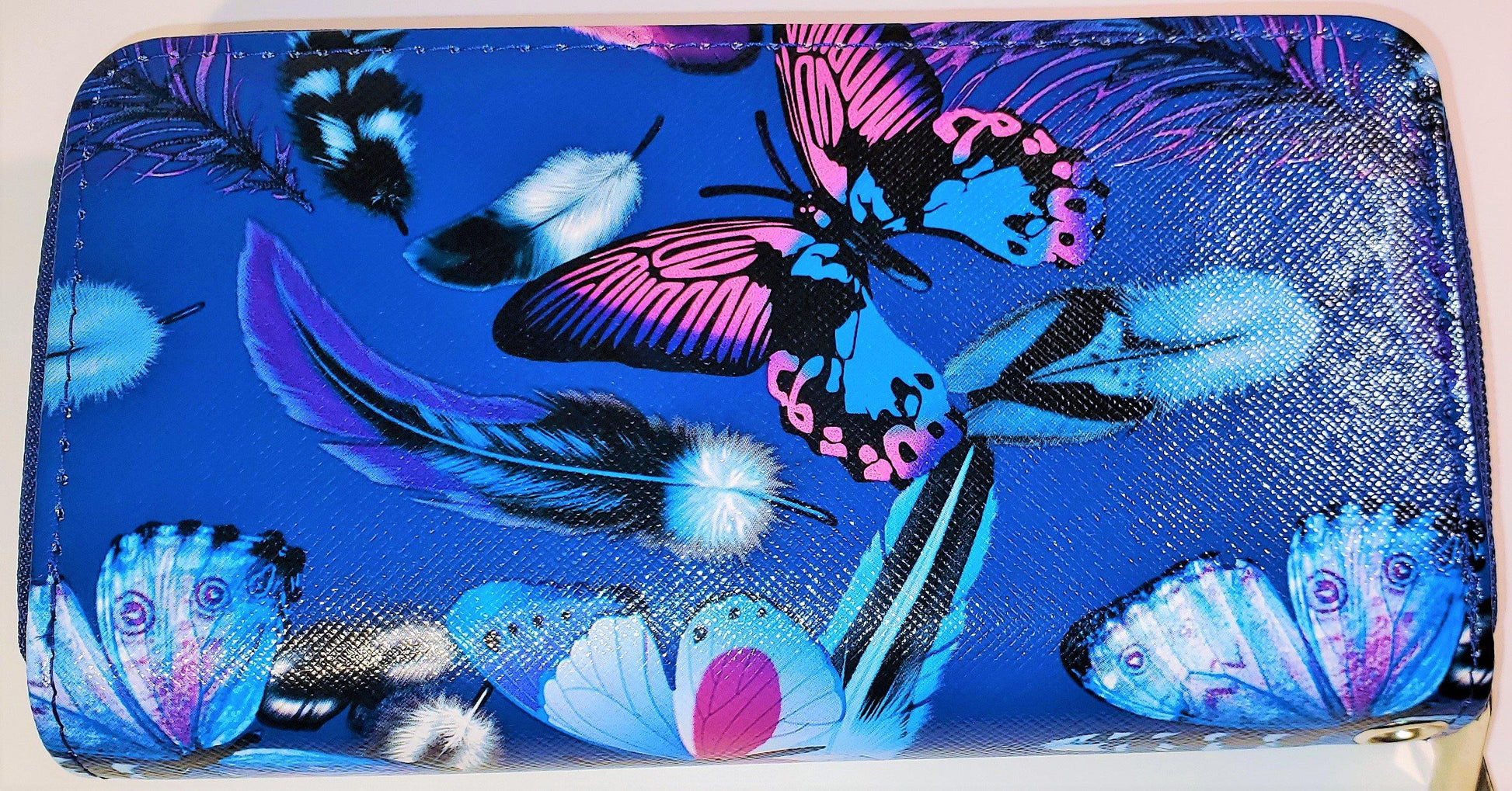 Womens Butterfly Design PU Leather Wallet Card Holder Phone Holder Double Zip Wrist Band  Clutch Purse Handbag - TopLine Fashion Lounge