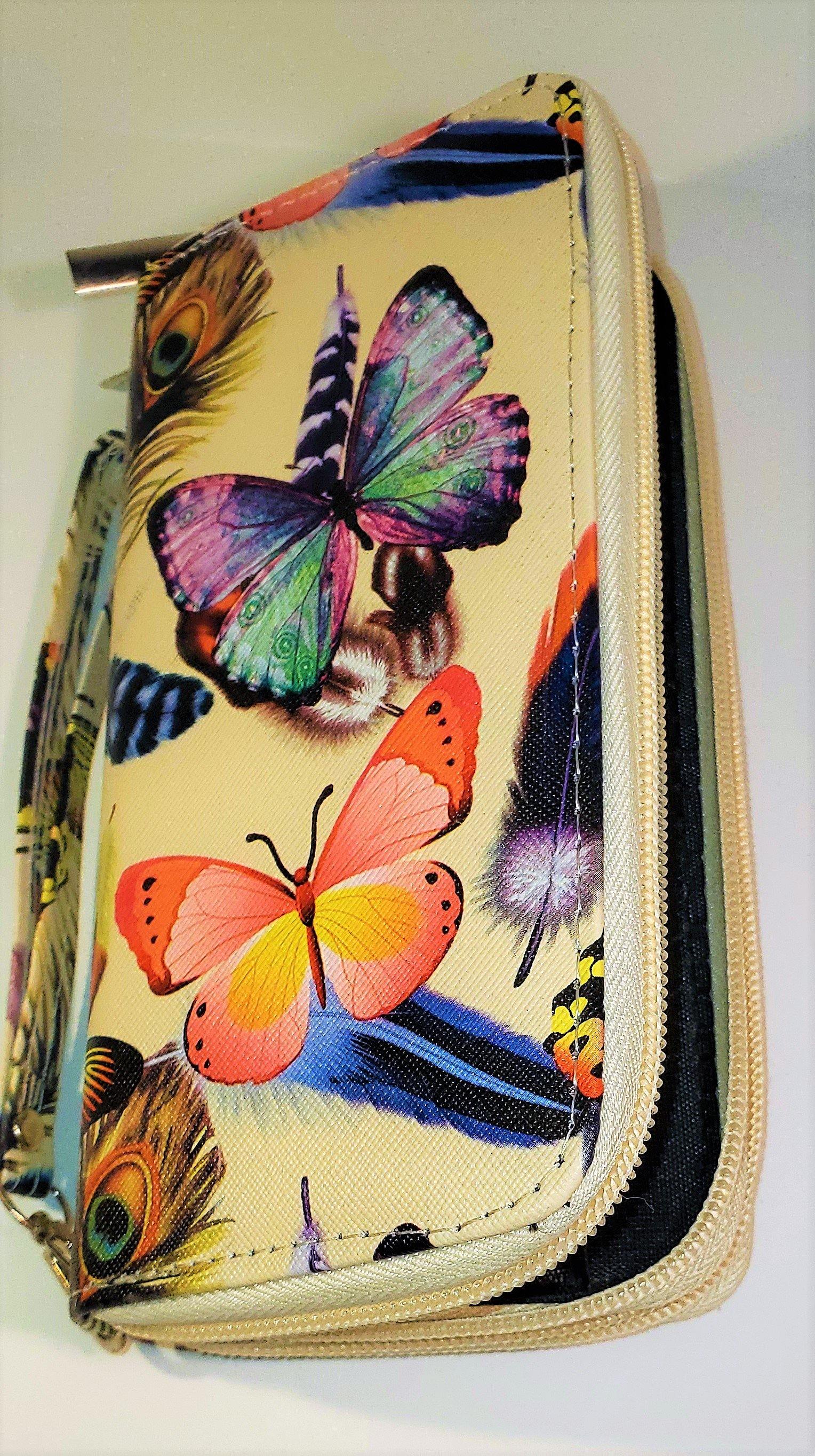 Womens Butterfly Design PU Leather Wallet Card Holder Phone Holder Double Zip Wrist Band  Clutch Purse Handbag - TopLine Fashion Lounge