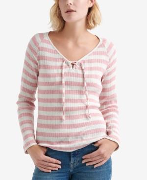 Lucky Brand Striped Ribbed Lace-Up V-Neck Pink XS - 