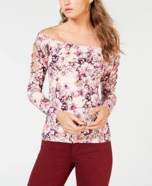 GUESS Catrina Off-The-Shoulder Laced Hyper Bloom Print Rose Dust XS - 