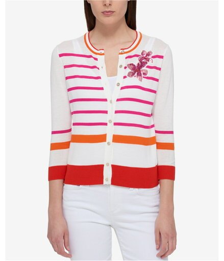 Tommy Hilfiger Womens Striped Embellished Cardigan Sweater