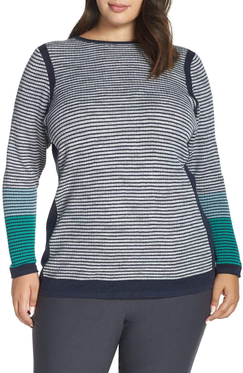 Nic + Zoe Womens Plus Green Spark Ribbed Striped Pullover Top - TopLine Fashion Lounge