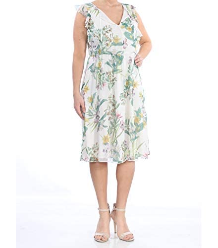 MaxMara Womens White Ruffled Floral Cap Sleeve V Neck Knee Length Empire Waist Evening Dress Size 8