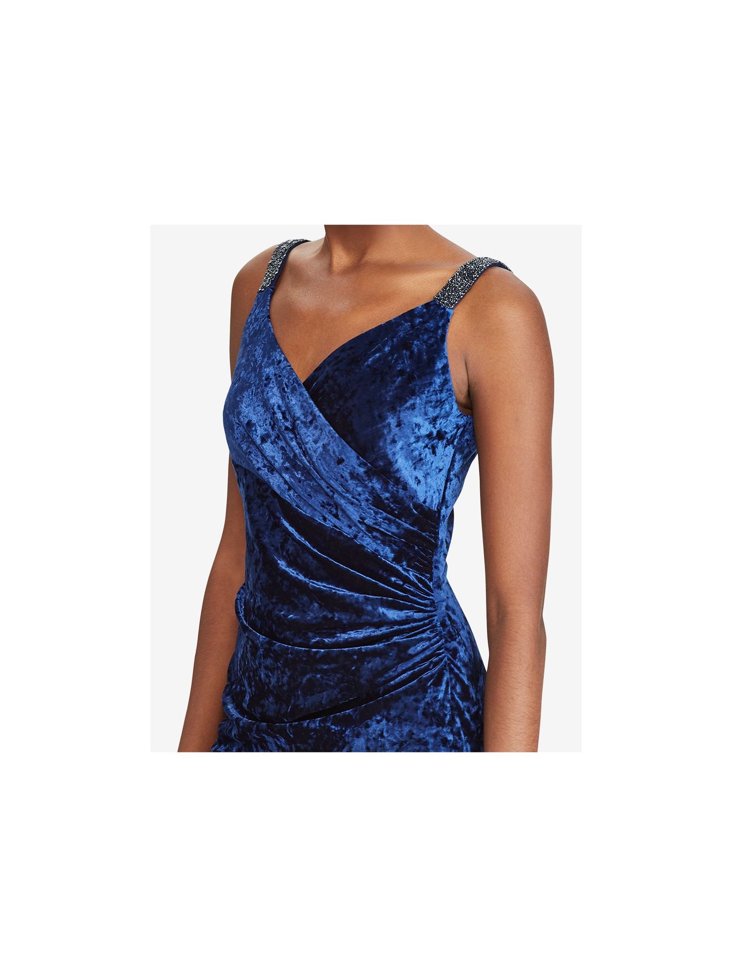 RALPH LAUREN Womens Blue Sequin Trim Velvet Sleeveless V Neck Above The Knee Sheath Party Dress