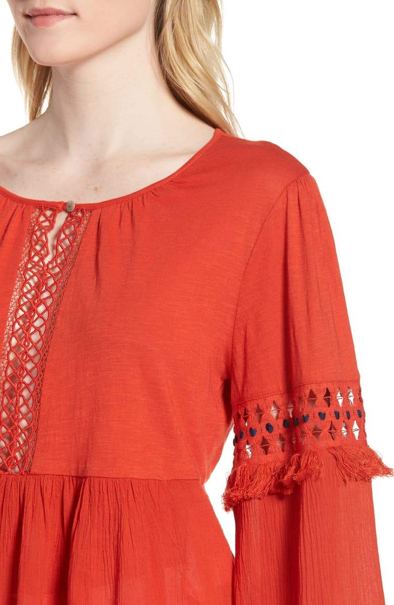 Lucky Brand Cutout Illusion Peasant Top Red Clay S - 